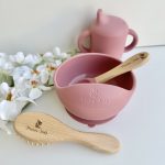Tigela com Ventosa e Colher de Silicone, Rosa Escuro