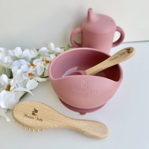 Tigela com Ventosa e Colher de Silicone, Rosa Escuro