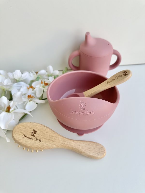 Tigela com Ventosa e Colher de Silicone, Rosa Escuro