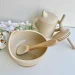 Tigela com Ventosa e Colher de Silicone, Bege