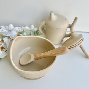 Tigela com Ventosa e Colher de Silicone, Bege