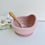 Tigela com Ventosa e Colher de Silicone, Rosa Claro