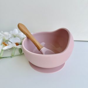 Tigela com Ventosa e Colher de Silicone, Rosa Claro