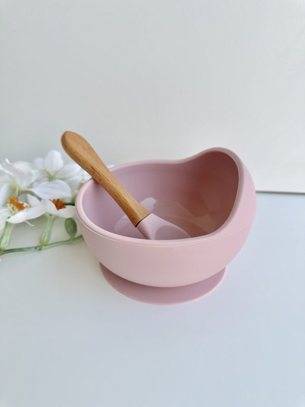 Tigela com Ventosa e Colher de Silicone, Rosa Claro
