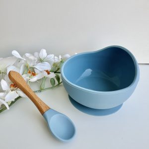Tigela com Ventosa e Colher de Silicone, Azul Escuro