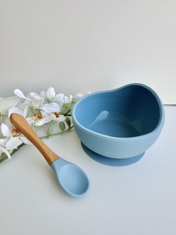 Tigela com Ventosa e Colher de Silicone, Azul Escuro