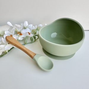 Tigela com Ventosa e Colher de Silicone, Verde