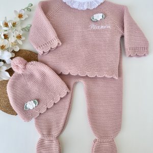 Conjunto de Malha Roupa Bebé, Botões Rosa Velho