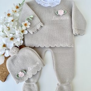 Conjunto de Malha Roupa Bebé, Botões Bege