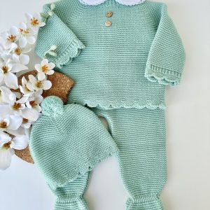 Conjunto de Malha Roupa Bebé, Botões Verde