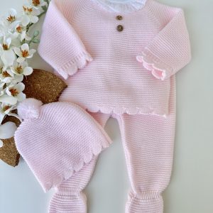 Conjunto de Malha Roupa Bebé, Botões Rosa Claro